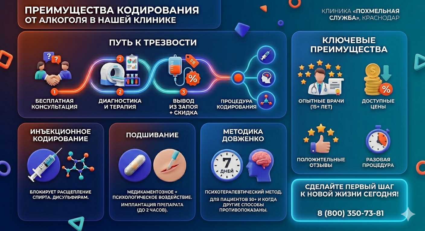 Инфографика о методах кодирования от алкоголя в Шатках: инъекции, подшивание, метод Довженко. Преимущества клиники и этапы лечения.