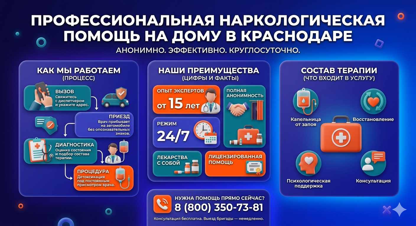 Инфографика о принципах лечения алкоголизма на дому в Шатках: этапы вызова нарколога, преимущества анонимной детоксикации и состав медицинской помощи.